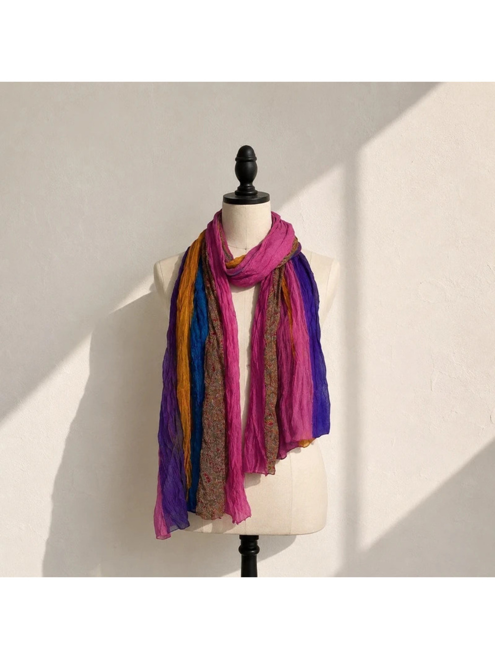 Green Sewn Recycled Silk Sari Scarf Multicolor Boho Upcycled India Wrap